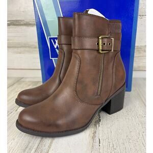 White Mountain Women’s 8 Brown Faux Leather Ankle Boots Block Heel Zip New